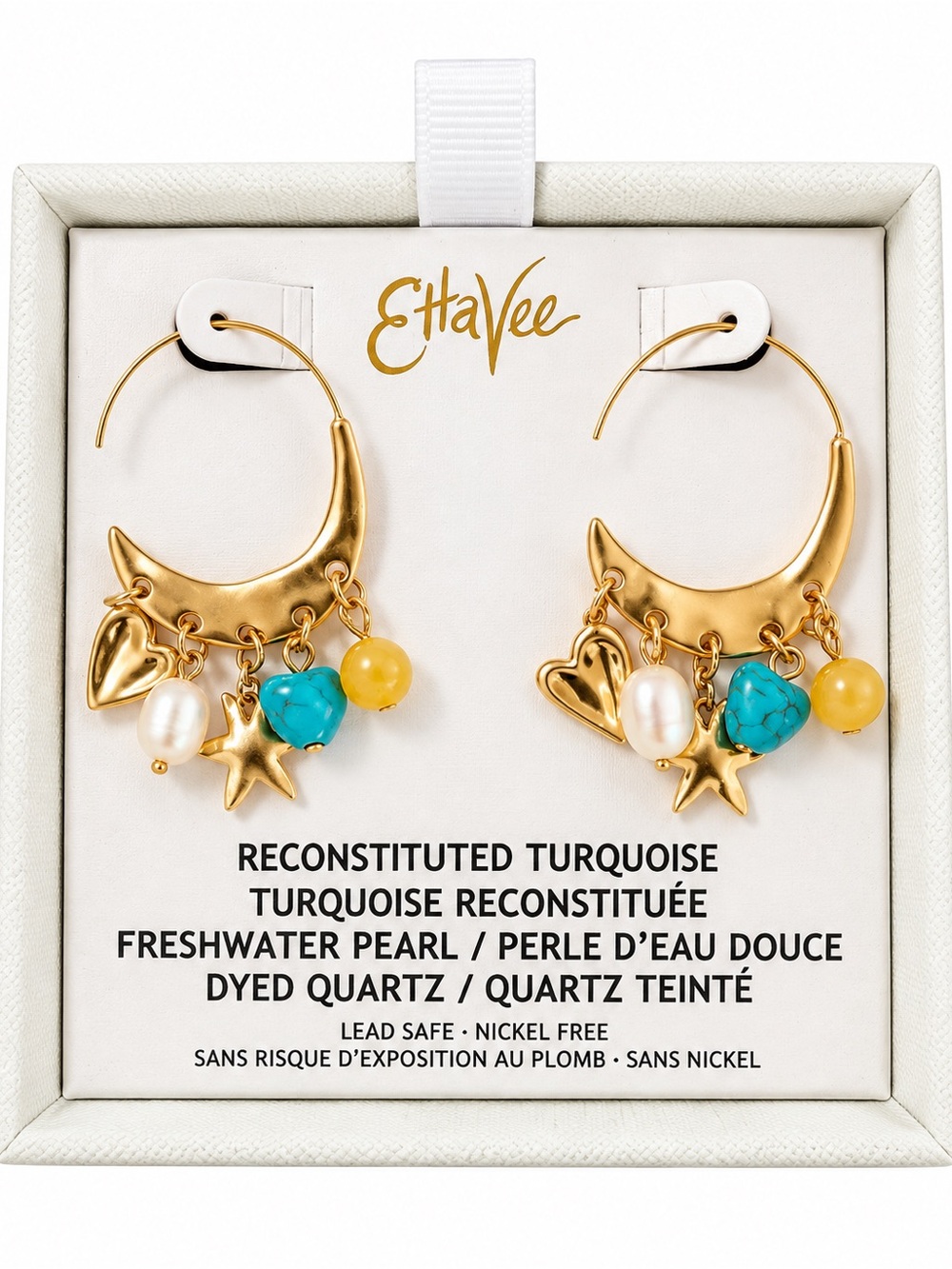 Gold Hoop Earrings with Turquoise, Pearl & Yellow Bead Charms